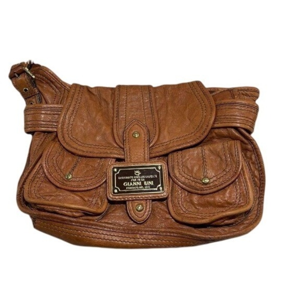 Gianni Bini Cognac Brown Pebbled Leather Shoulder Bag Multi Pocket Brass Hardwar